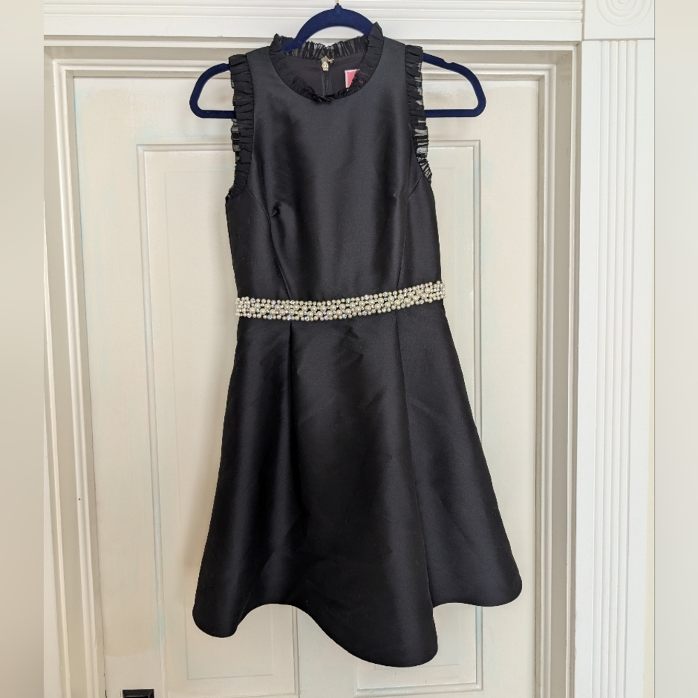 Kate Spade Pearl Crystal Mikado Dress 2 Black Fit & Flare Ruffle Neck Holiday